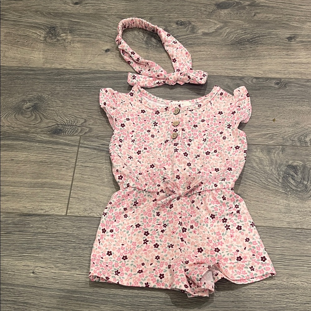 Charming Pink Floral Kids Romper with Headband